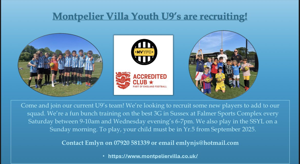 Villa u9s are recruiting!

Best facilities in Sussex ☑️ 

Friendly, progressive club ☑️ 

Pathway to adult football ☑️ 

Sign up today!

<a href="/MontpelierVilla/">Montpelier Villa FC</a>