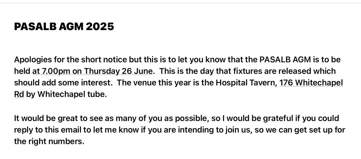 Reminder: it’s our AGM tonight- all members welcome, for AGM formalities, beers, and to discuss the fixtures (and all things <a href="/Argyle/">Plymouth Argyle FC</a>!) 
The venue this year is the Hospital Tavern, 176 Whitechapel Rd by Whitechapel tube!