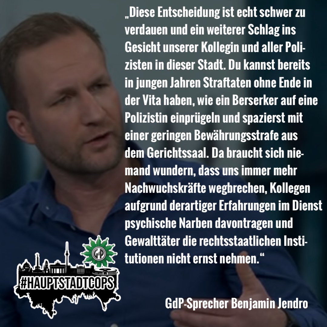 GdP Berlin (@gdphauptstadt) on Twitter photo „Diese Entscheidung ist echt schwer zu
verdauen und ein weiterer Schlag ins
Gesicht unserer Kollegin und aller Poli-
zisten in dieser Stadt“, sagt #GdP-Sprecher <a href="/Djeron7/">Benjamin Jendro</a> zum Urteil für einen Remmo-Sprössling, der massiv auf eine Kollegin eingeprügelt hat morgenpost.de/berlin/article… „Diese Entscheidung ist echt schwer zu
verdauen und ein weiterer Schlag ins
Gesicht unserer Kollegin und aller Poli-
zisten in dieser Stadt“, sagt #GdP-Sprecher <a href="/Djeron7/">Benjamin Jendro</a> zum Urteil für einen Remmo-Sprössling, der massiv auf eine Kollegin eingeprügelt hat morgenpost.de/berlin/article…