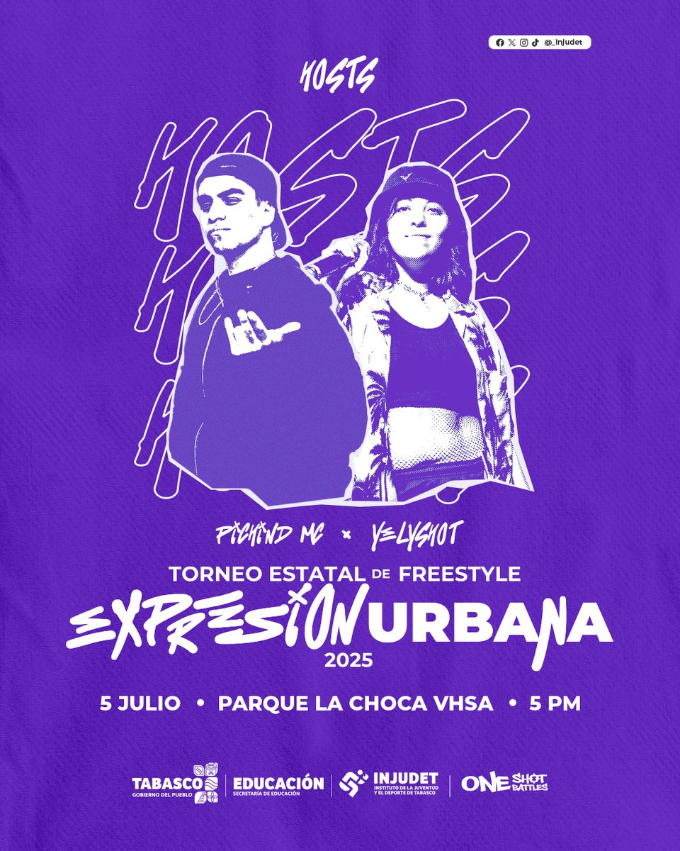¡Ritmo y talento! 🎤✨Ya estamos listos para el Torneo Estatal de Freestyle "Expresión Urbana" donde tendremos Hosts de super lujo: ⭐Yely Shot y ⭐Pichind MC serán los encargados de darle ritmo y fluidez a cada etapa para elegir al máximo campeón freestylero de Tabasco.