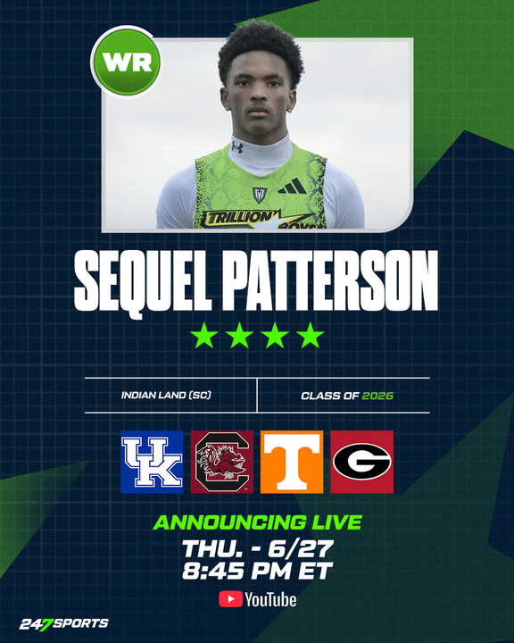 Tom Loy (@tomloy247) on Twitter photo Top247 WR Sequel Patterson has narrowed his recruitment to four finalists:
<a href="/UKFootball/">Kentucky Football</a>
<a href="/GamecockFB/">Gamecock Football</a>
<a href="/Vol_Football/">Tennessee Football</a>
<a href="/GeorgiaFootball/">Georgia Football</a>
He will announce his commitment LIVE tonight with 247Sports at the OT7 Finals.
🔗 247sports.com/article/top247…
<a href="/sequelpatterson/">sequelpatterson</a>
<a href="/247Sports/">247Sports</a> Top247 WR Sequel Patterson has narrowed his recruitment to four finalists:
<a href="/UKFootball/">Kentucky Football</a>
<a href="/GamecockFB/">Gamecock Football</a>
<a href="/Vol_Football/">Tennessee Football</a>
<a href="/GeorgiaFootball/">Georgia Football</a>
He will announce his commitment LIVE tonight with 247Sports at the OT7 Finals.
🔗 247sports.com/article/top247…
<a href="/sequelpatterson/">sequelpatterson</a>
<a href="/247Sports/">247Sports</a>