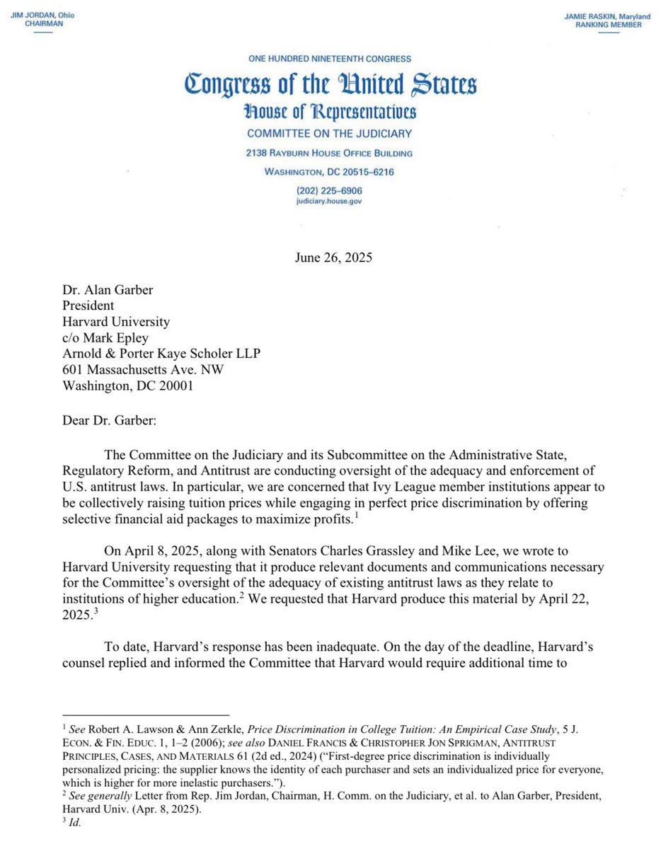 #BREAKING: <a href="/Jim_Jordan/">Rep. Jim Jordan</a> &amp; <a href="/RepFitzgerald/">Rep. Scott Fitzgerald</a> subpoenas HARVARD.
