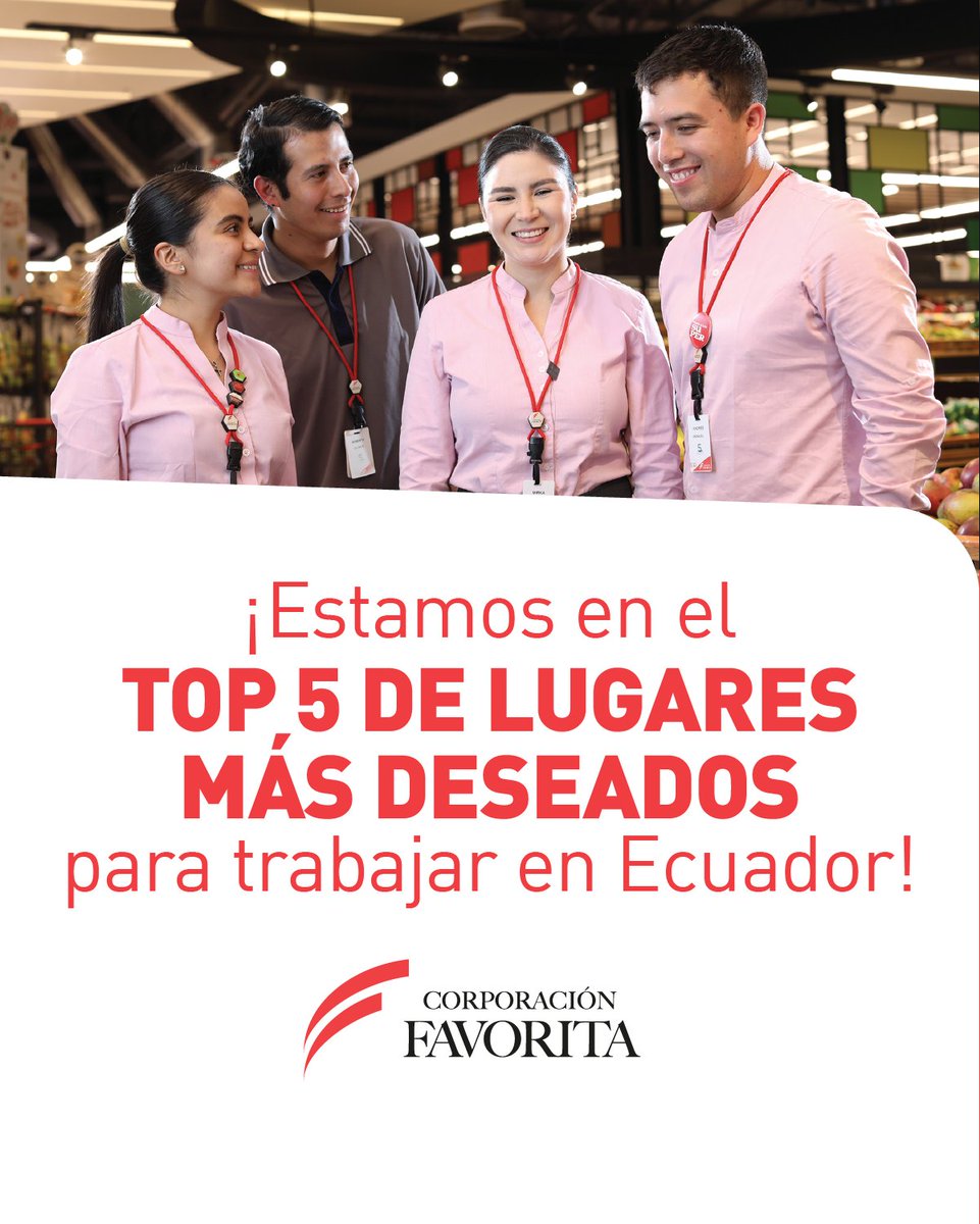 CorpFavoritaEc's tweet photo. ¡Orgullosos de ser uno de los 5 lugares más deseados para trabajar en Ecuador!

El 92% de Centennials y Millennials valora un ambiente laboral positivo. Y este reconocimiento del Ranking Employer Branding 2025 de Revista Ekos e Ipsos Ecuador nos motiva a seguir construyendo ese espacio cada día.

¡Gracias por ser parte de este camino!

#EmployerBranding