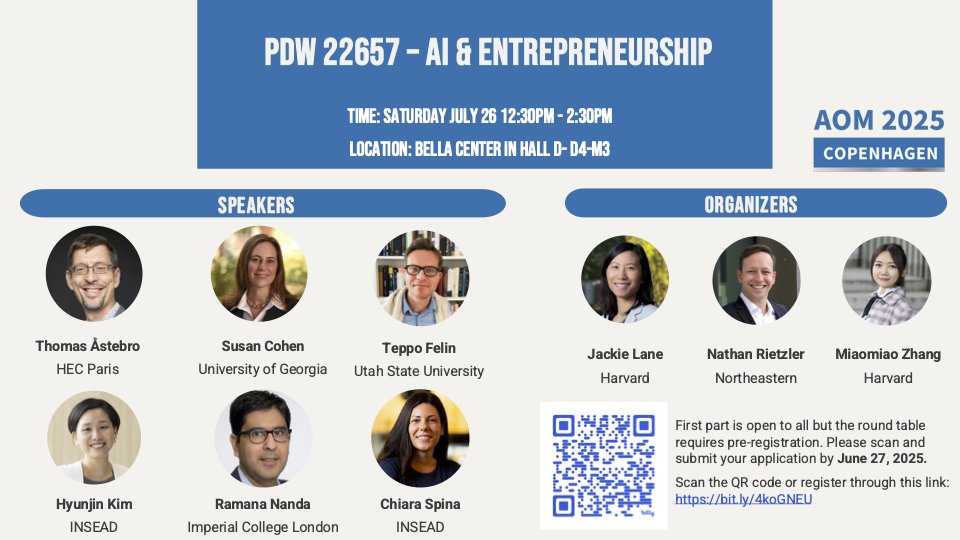 🚨 TWO DAYS LEFT to apply for Entrepreneurship, Innovation &amp; AI PDWs at #AOM2025 in Copenhagen!   

Saturday, July 26th: 
🧠 10–12:30: Innovating Evaluation
🔗 forms.gle/dUroUSEV1qBQXA…
🤖 12:30–2:30: AI &amp; Entrepreneurship
🔗 forms.gle/Su3bSbHYQiXYXM…