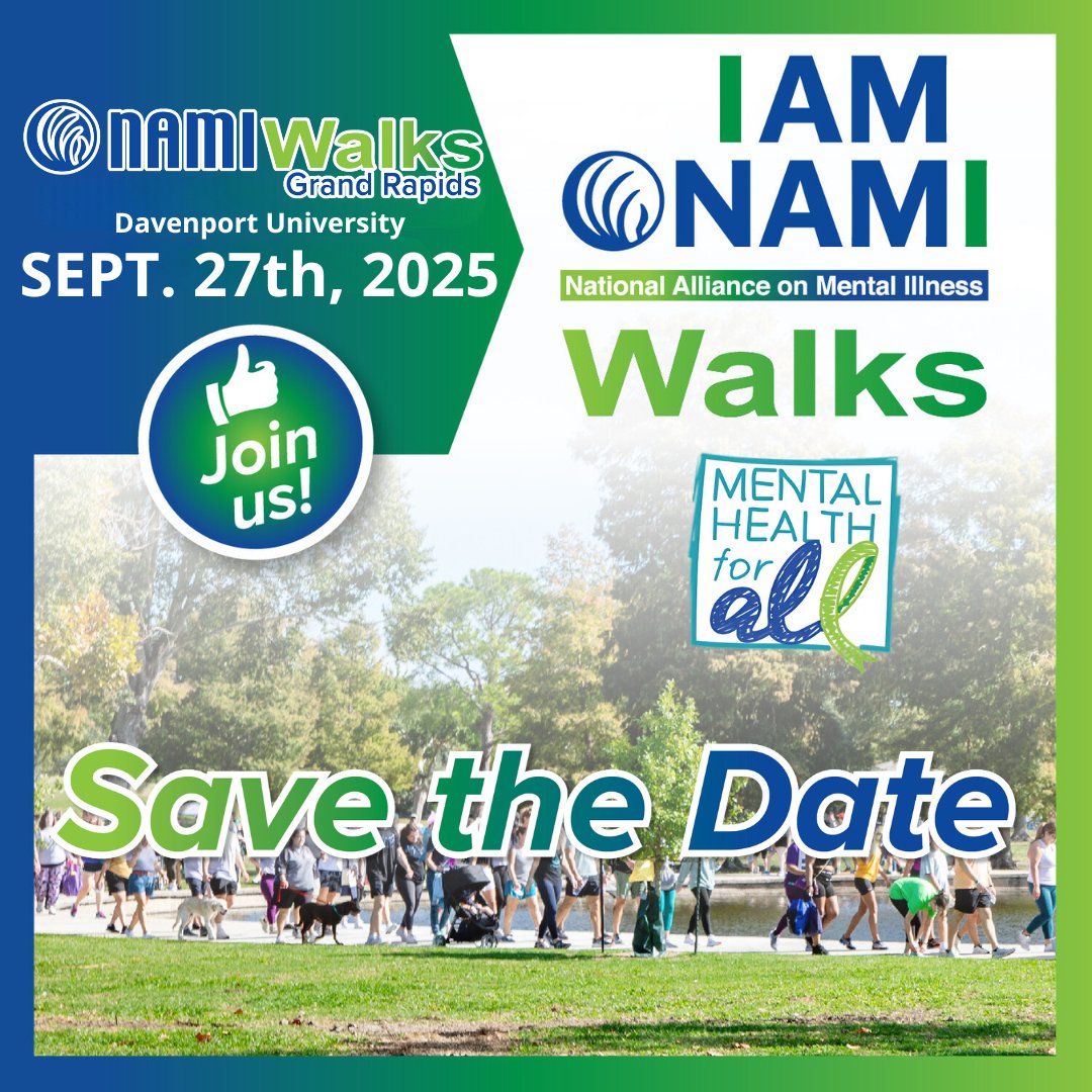NAMI Michigan (@namiofmi) on Twitter photo Western Michigan, it's time for NAMIWalks!
Join us on Sept. 27th at Davenport University! Register NOW at namiwalks.org/grandrapids to make a difference in your communities! I am, you are, we are NAMIWalks! #namimichigan #namiwalks #MentalHealth4All
<a href="/DavenportU/">davenportu</a> Western Michigan, it's time for NAMIWalks!
Join us on Sept. 27th at Davenport University! Register NOW at namiwalks.org/grandrapids to make a difference in your communities! I am, you are, we are NAMIWalks! #namimichigan #namiwalks #MentalHealth4All
<a href="/DavenportU/">davenportu</a>