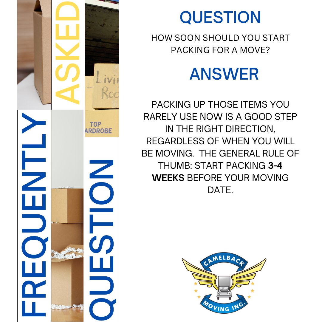 CamelbackMoving's tweet image. One of the questions that many customers ask when they call to schedule their move is how soon should they start packing their belongings? The answer can change depending on the size of your move. But this is a good starting point to start planning! #MovingFAQ #CamelbackMoving