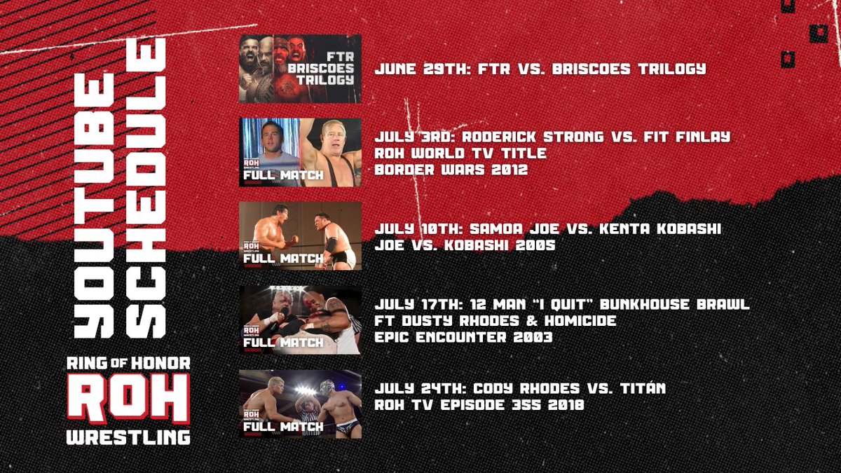Make sure you're following Ring of Honor on YouTube!
Check out the schedule for the next five weeks!

Subscribe today!
📺 youtube.com/ringofhonor