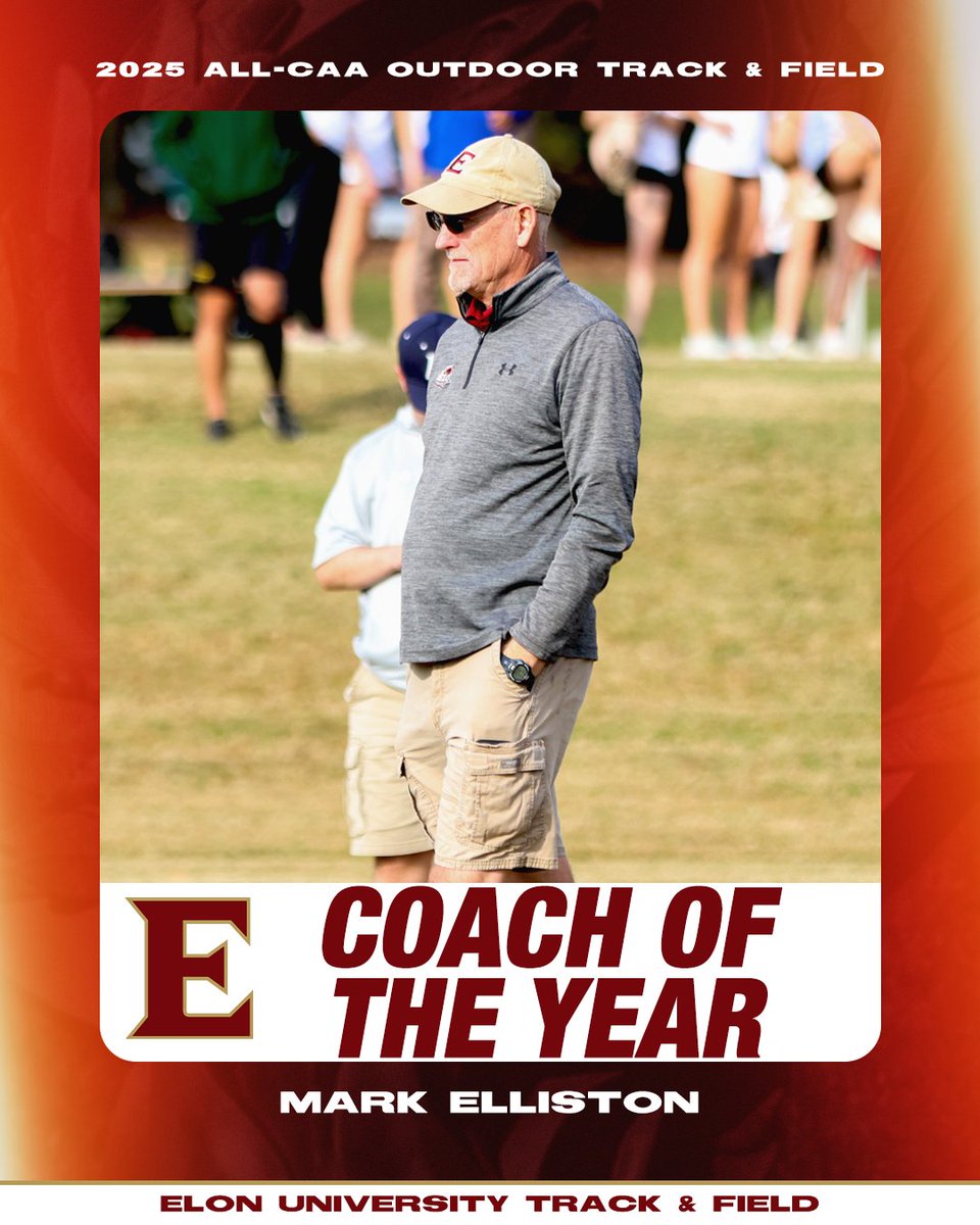 Elon XC & Track (@elonxctf) on Twitter photo Congrats to Elon Director of Track & Field/Cross Country Mark Elliston, who was named the <a href="/CAASports/">Coastal Athletic Association</a> Women's Track & Field Coach of the Year for the SIXTH time today!
#EUTF Congrats to Elon Director of Track & Field/Cross Country Mark Elliston, who was named the <a href="/CAASports/">Coastal Athletic Association</a> Women's Track & Field Coach of the Year for the SIXTH time today!
#EUTF