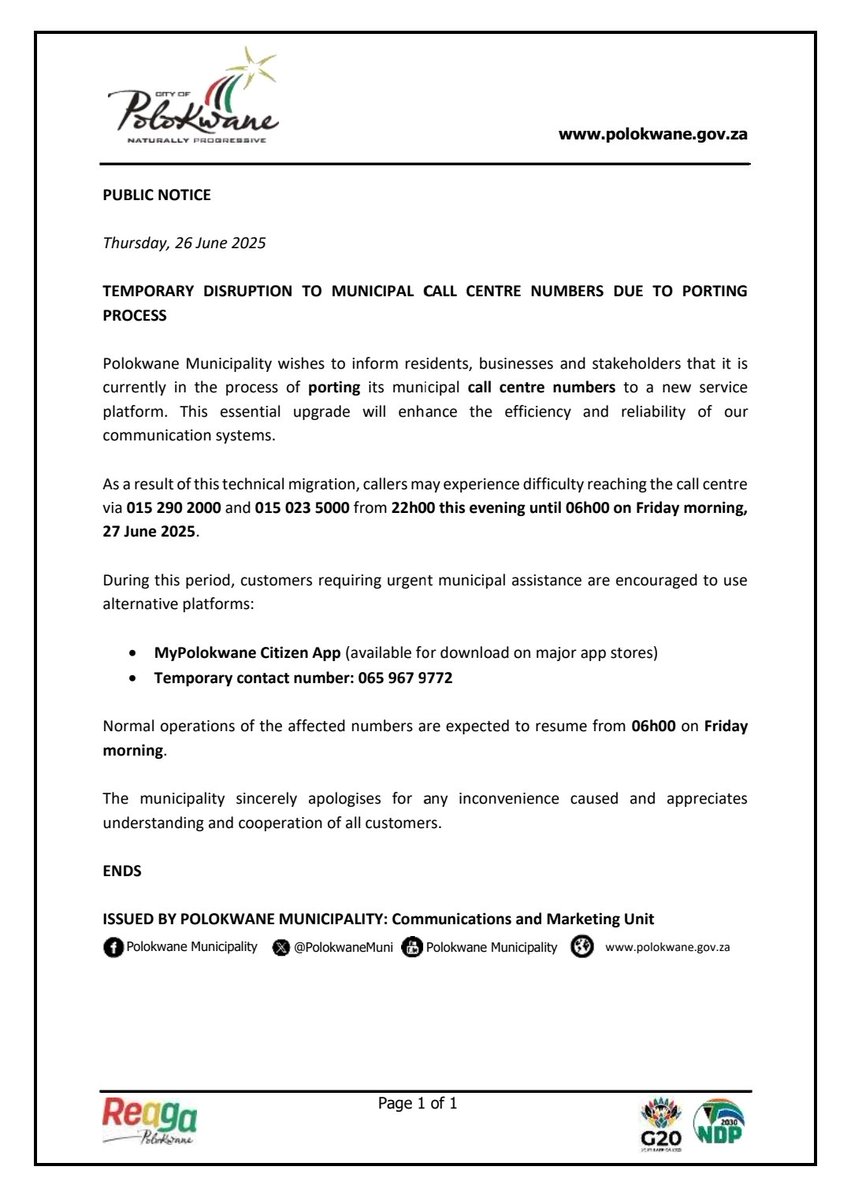 PolokwaneMuni's tweet image. Polokwane Municipality is porting call centre numbers tonight from 22h00–06h00.
015 290 2000 / 015 023 5000 may be unreachable.
Use MyPolokwane Citizen App or call 065 967 9772 for assistance.
Normal service resumes Friday morning.
Apologies for the inconvenience.
End