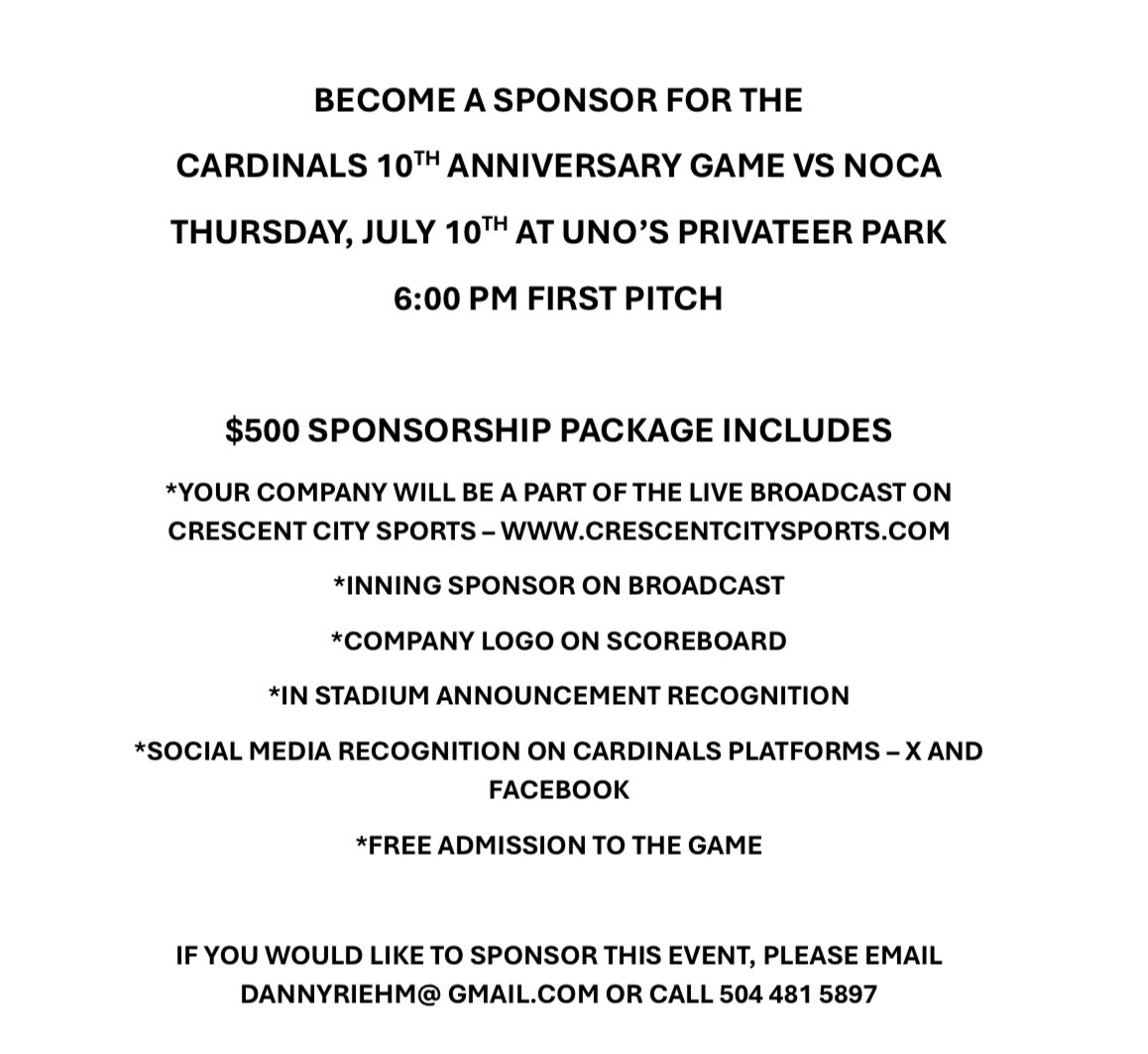 🚨Would your business like to sponsor the Cardinals 10th Anniversary Game? See package info below. Go Cards! ⚾️🇺🇸