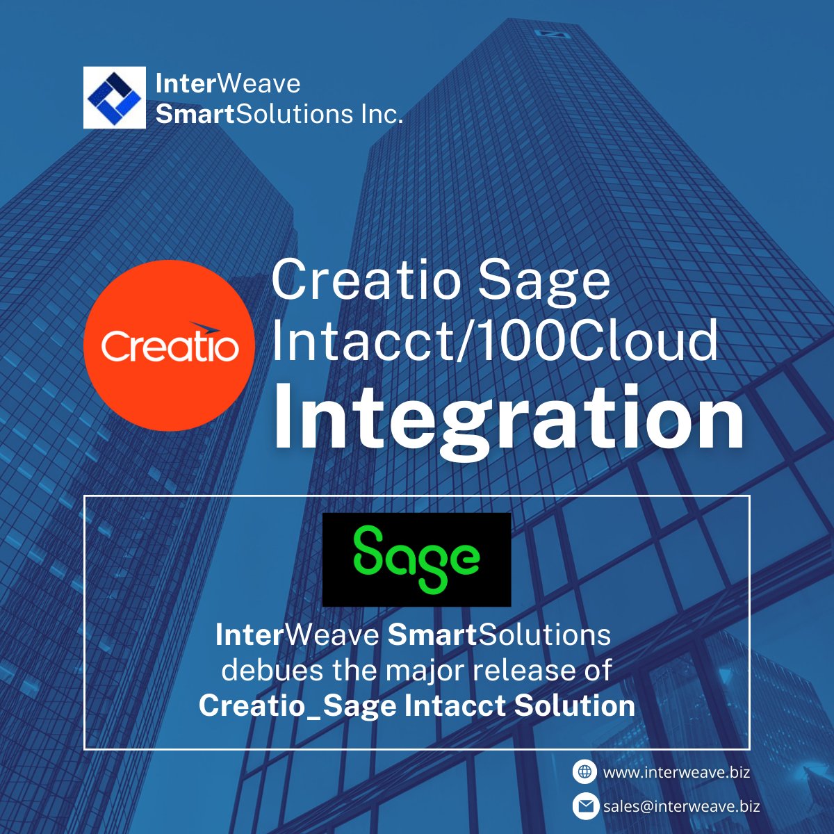 InterWeave1's tweet image. InterWeave SmartSolutions - The Leader in Accounting and Financial Management Software &amp;amp; CRM Integration.
#InterWeave #SmartSolutions @Creatio_Global  #Sage #Integration