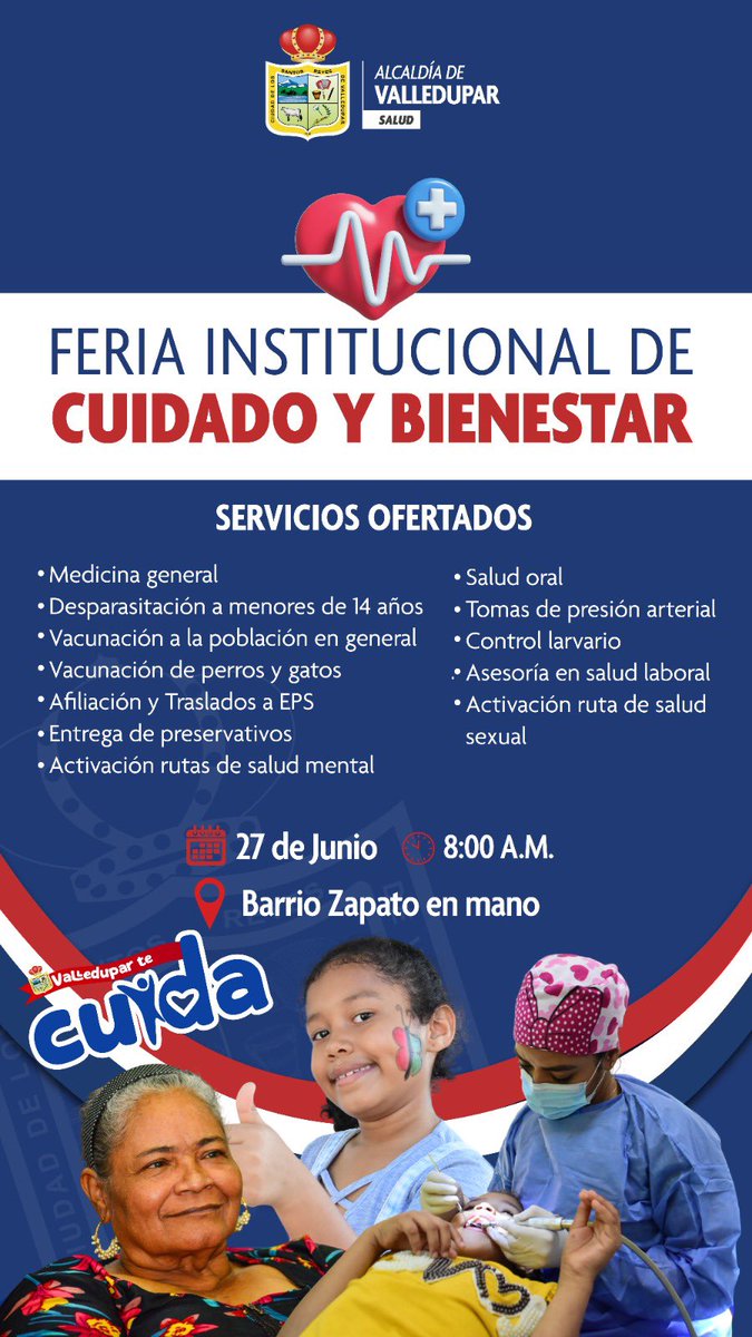 Secretaría Local de Salud de Valledupar (@secsaludvpr) on Twitter photo ¡Atención, Valledupar!
Este viernes 27 de junio llega la Feria Institucional de Cuidado y Bienestar ‘Valledupar Te Cuida’ al barrio Zapato en Mano.
Desde la <a href="/AlcaldiaVpar/">Alcaldía de Valledupar</a> estamos trabajando en arreglar la salud de los vallenatos. ¡Atención, Valledupar!
Este viernes 27 de junio llega la Feria Institucional de Cuidado y Bienestar ‘Valledupar Te Cuida’ al barrio Zapato en Mano.
Desde la <a href="/AlcaldiaVpar/">Alcaldía de Valledupar</a> estamos trabajando en arreglar la salud de los vallenatos.