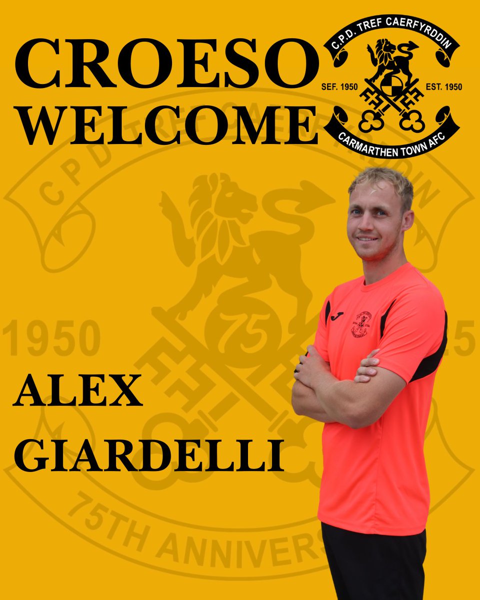 Carmarthen Town AFC are pleased to announce that Alex Giardelli has agreed to join the club. 

Alex played a big part with Llanelli Town last season helping them gain promotion to the Cymru Premier League making 26 appearances and scoring 2 goals. 

With a total of 156 career