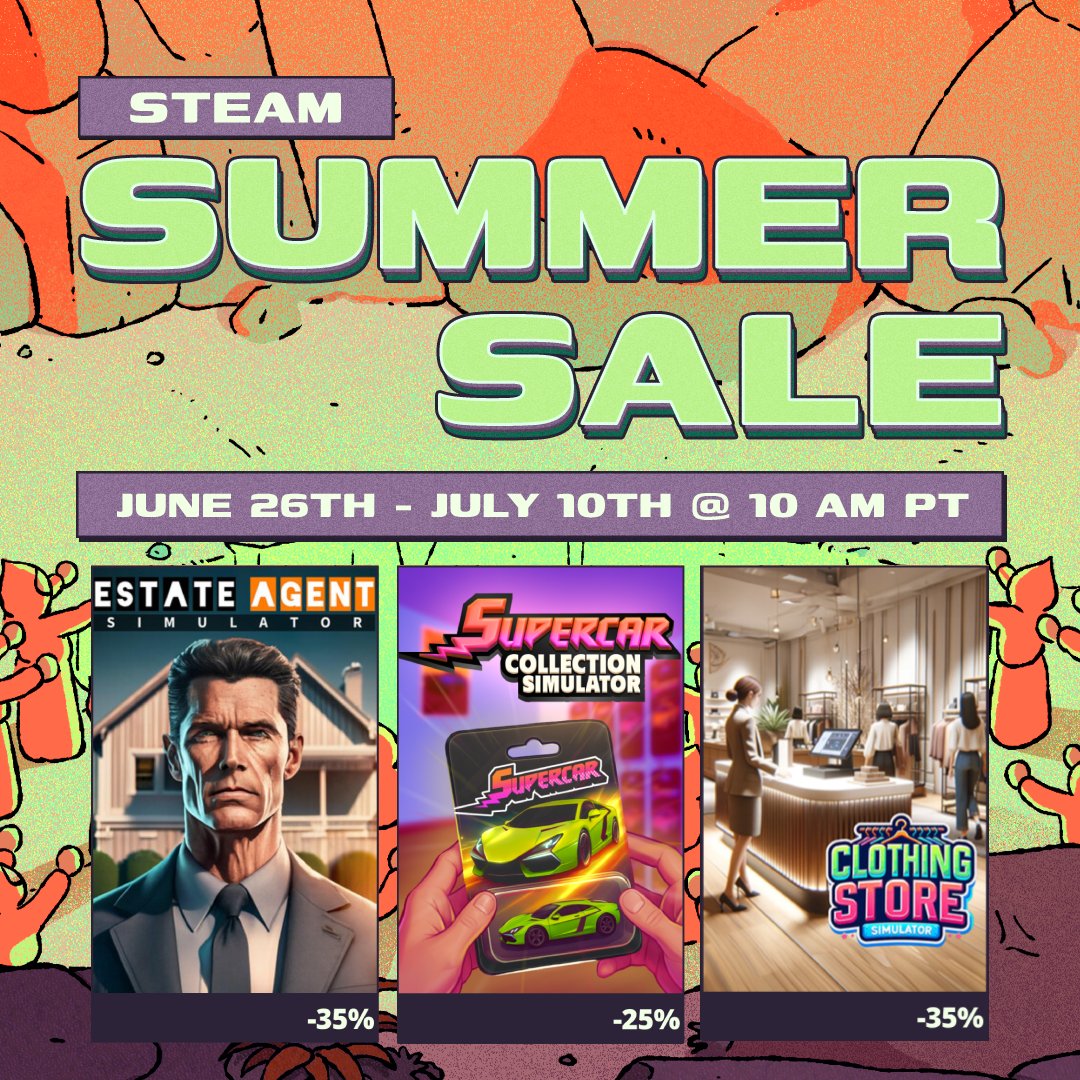 🔥 3 Sim, 1 Massive Summer Sale! 🔥

Summer just got seriously exciting. Ready to race, renovate, and rock your style? ☀️

🚗 Supercar Collection Simulator – 25% OFF
Trade rare cars, join NPC races &amp; hit the mysterious Hunt House at the right time for insane deals!

🏠 Estate