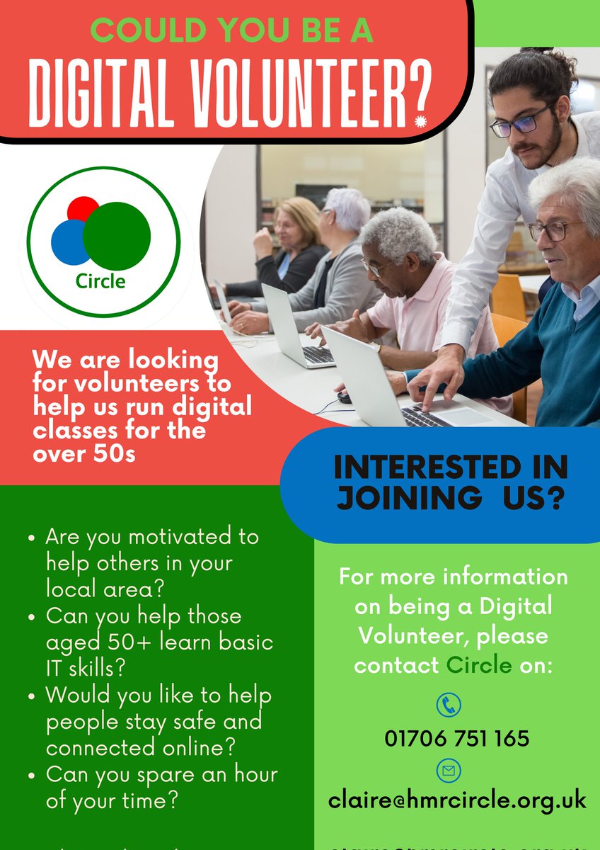 💻 Want to make a difference? Become a Digital Volunteer and help over 50s gain confidence with tech!
📍 Every Tues: Bolton Rd Methodist #Bury
📍 Every 1st Tues: CLCC, #Prestwich
📍 Every Thurs: #Tottington Centre
#Volunteering #DigitalInclusion #Over50sSupport