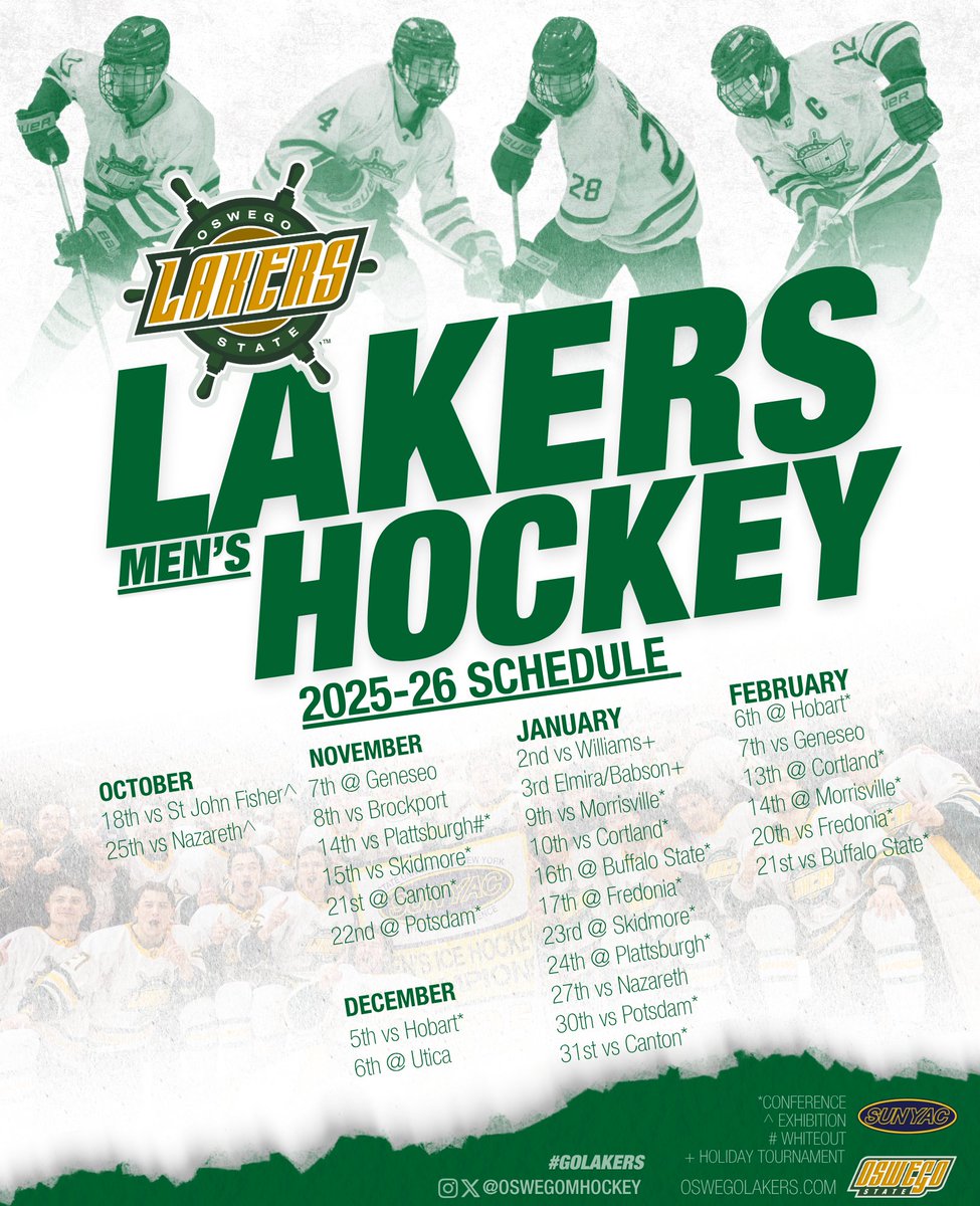 It's the official Oswego Men's Ice Hockey schedule release for the 2025-26 season!!

Your 2024-25 SUNYAC Champs are set to return to action at the Deb starting on October 18th!

Season tickets available now at the link in our bio!

#GoLakers