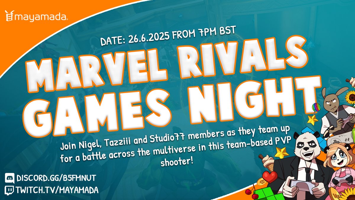 mayamada's tweet image. 🎮 We're back for Round 2 of #MarvelRivals! After fun with it in January, we're playing with more community members for Games Night TONIGHT from 7PM(ish) BST! Join @Tazziii, Nigel & crew on @mayamada channels:
Twitch ➡ twitch.tv/mayamada
YouTube ➡ youtube.com/@mayamadatv