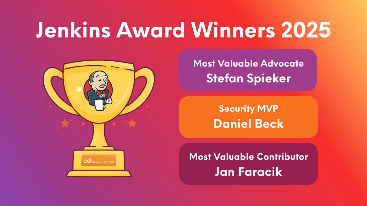 jenkinsci's tweet image. 👏 Huge thanks and congratulations to the 2025 Jenkins Contributor Award winners!
We're grateful for your contributions that power the Jenkins community 💪
🎖️ Meet the winners: jenkins.io/blog/2025/06/2…
