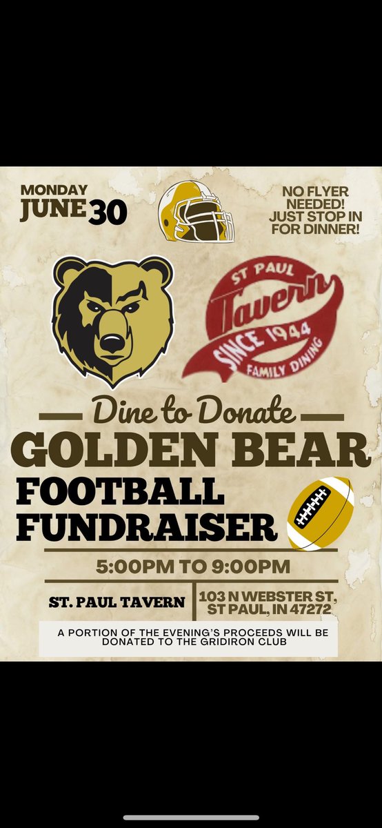 Help out the Golden Bear Football Program on Monday night. We’re partnering with the SPT for a Dine to Donate night in which a portion of your proceeds will go towards helping us!