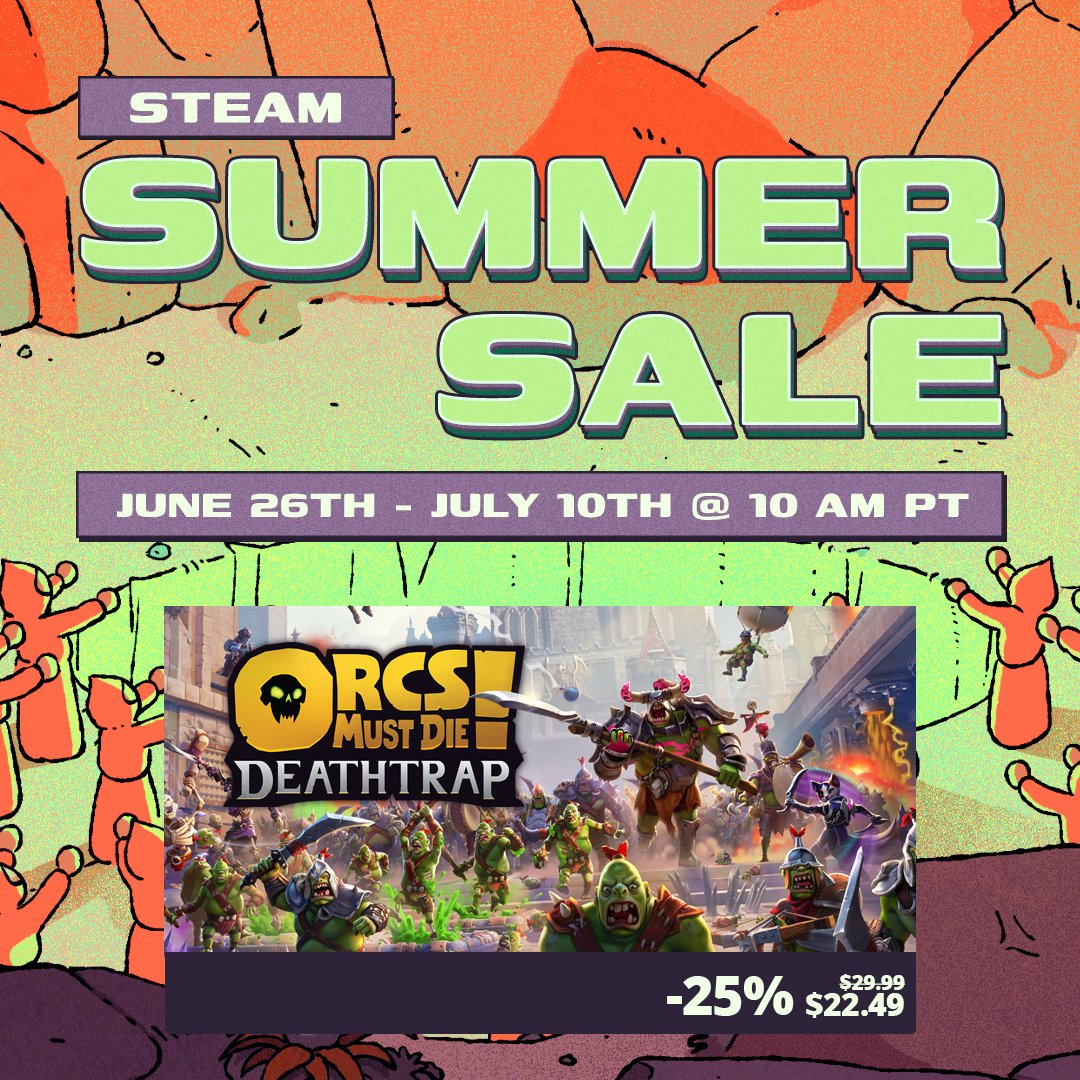 Your backyard grill isn't the only thing cookin' this summer 🌭-  

We're serving you the goods with our biggest discount for Orcs Must Die! Deathtrap yet!  

Head over to Steam for orc-slaughtering carnage at 25% off.  

💀 lite.spr.ly/6004yvxE