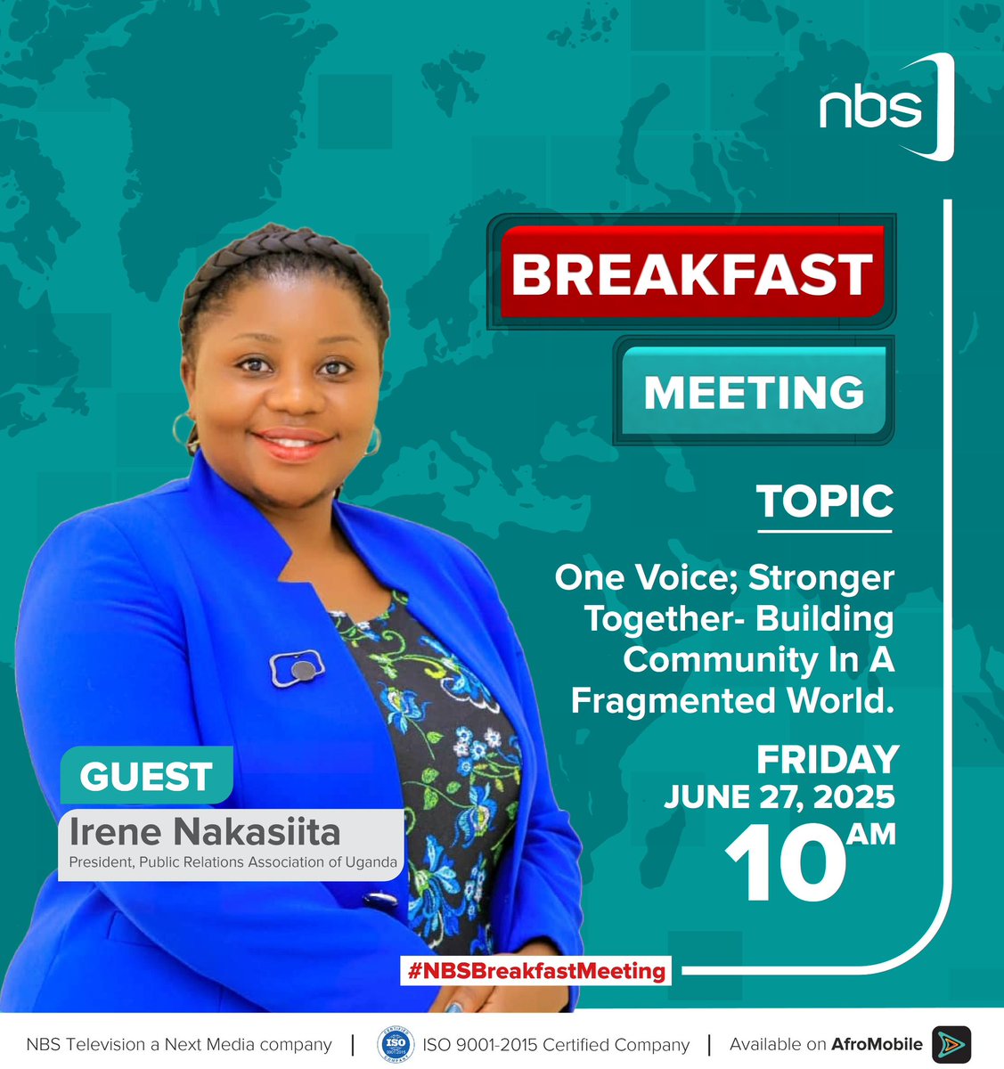 Our Director of Communications, Resource Mobilization and Partnerships, Ms. <a href="/inakasiita1/">Irene Nakasiita (MCIPR)</a>, will be live on #NBSBreakfastMeeting tomorrow at 10 AM. 

Ms. Nakasiita will join other leaders in communication, marketing, advertising, and human resources to explore how platforms like