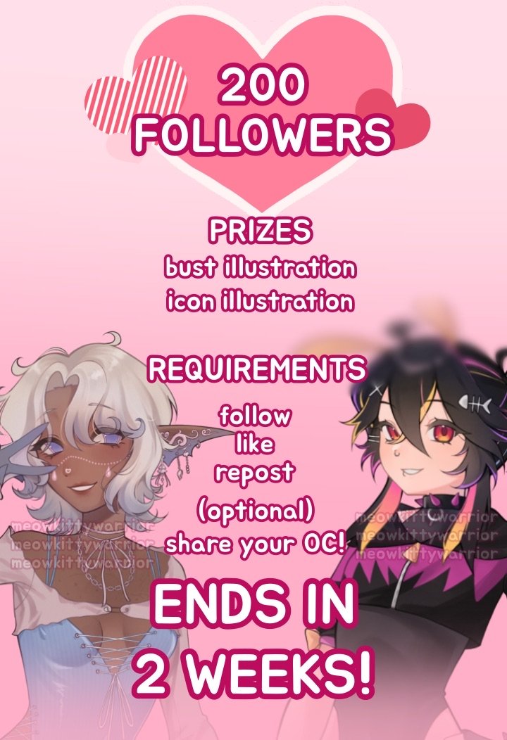 mewkittywarrior's tweet image. Art Raffle/Giveaway!
I wanna thank u all for helping me reach 200 followers!!

💕How to enter 
💕follow, like, and retweet
💕(optional) reply with ur OC!

ENDS IN 2 WEEKS FROM NOW!!!
#artraffle #artgiveaway