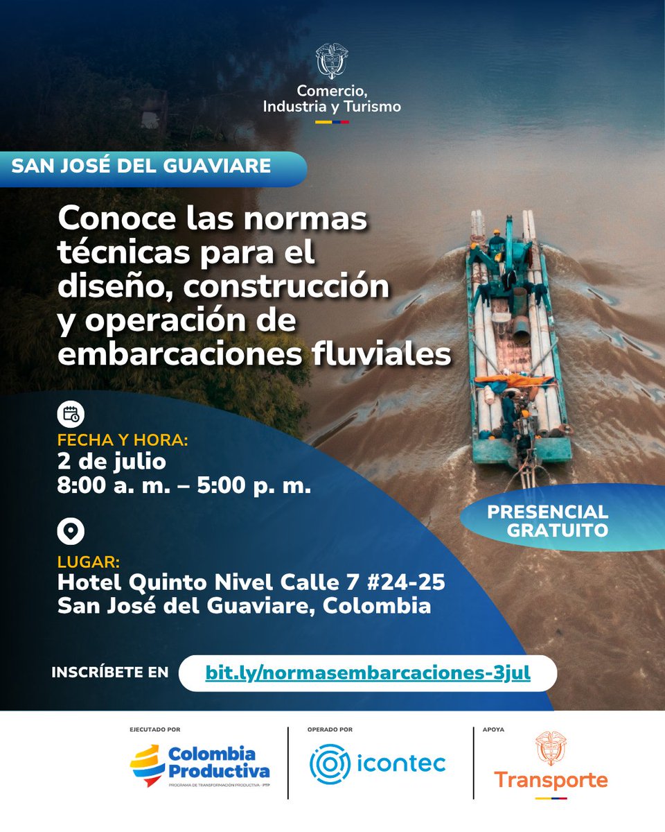 ¡San José del Guaviare, este mensaje es para ustedes! 🌊🚤

Acompáñanos este 2 de julio en una jornada presencial y gratuita para conocer las normas técnicas clave en el diseño, construcción y operación de embarcaciones fluviales.

👉🏼 Inscríbete aquí: forms.office.com/r/3t7GSpTpjE