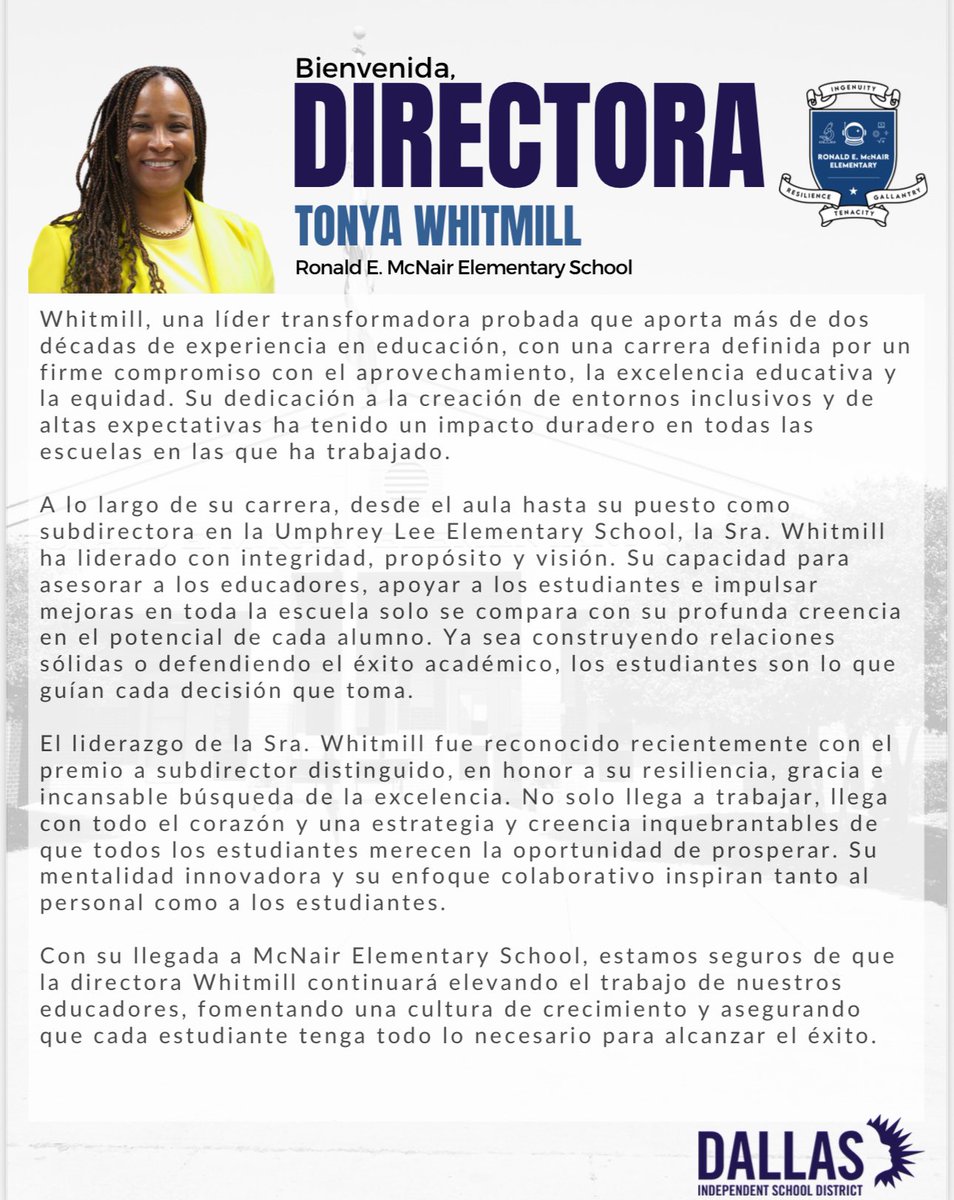 Jonathan Smith (@joncalsmith) on Twitter photo 🌟 Big congratulations to Tonya Whitmill <a href="/thnkpnk08/">Tonya Whitmill</a> on being named the new Principal of Ronald E. McNair Elementary School! A leader who is creative, caring, and committed—she’s ready to empower students and staff for an incredible year ahead! 💙📘 #McNairStrong #DISDProud 🌟 Big congratulations to Tonya Whitmill <a href="/thnkpnk08/">Tonya Whitmill</a> on being named the new Principal of Ronald E. McNair Elementary School! A leader who is creative, caring, and committed—she’s ready to empower students and staff for an incredible year ahead! 💙📘 #McNairStrong #DISDProud