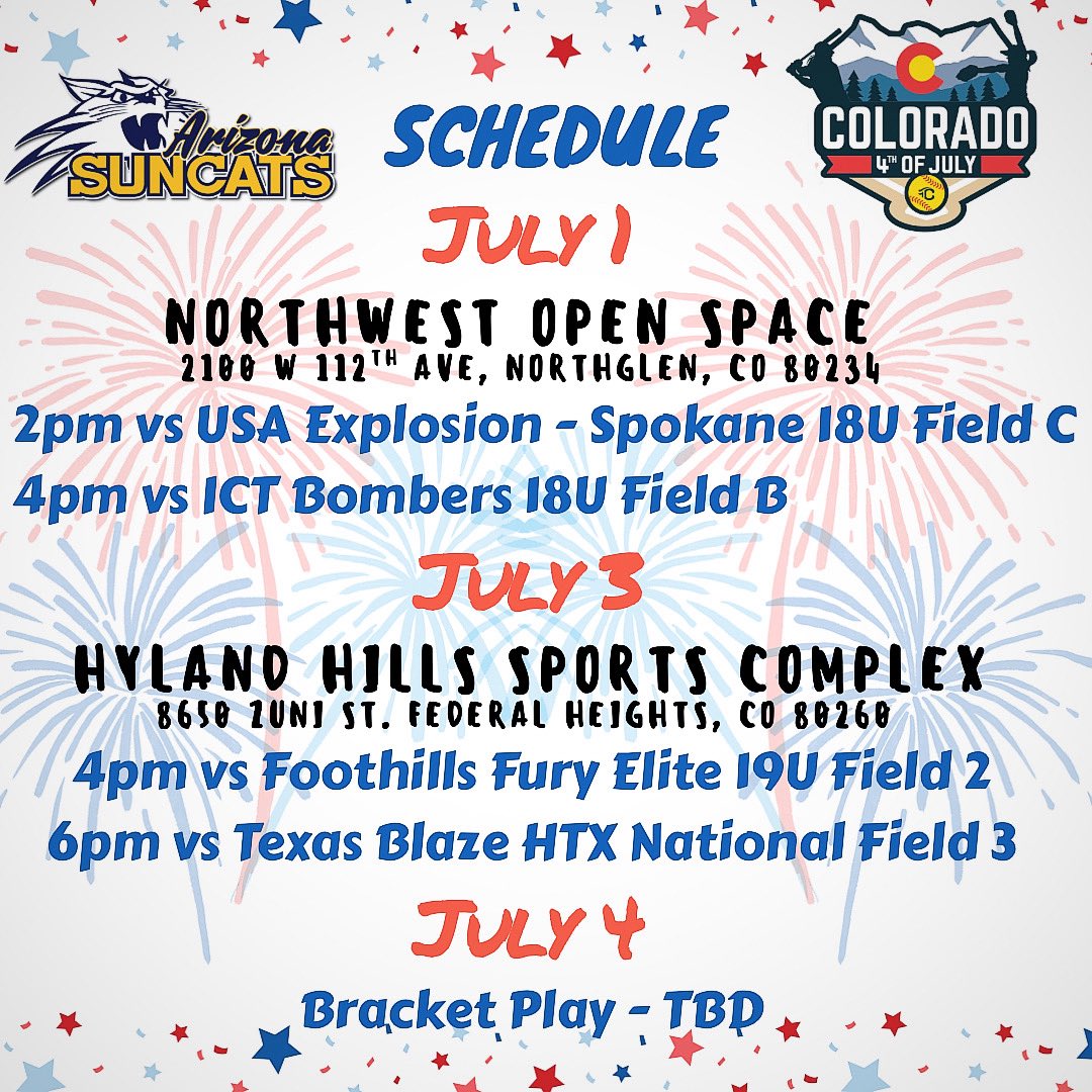 arizonasuncats's tweet photo. Our schedule next week in Colorado. We play Tuesday &amp; Thursday, then head into double elimination bracket on Friday. This team has been putting in the work. Come check them out.

7/1 games at Northwest Open Space

7/3 games at Hyland Hills Complex

7/4 bracket games TBD https://t.co/xedxvSRFFt