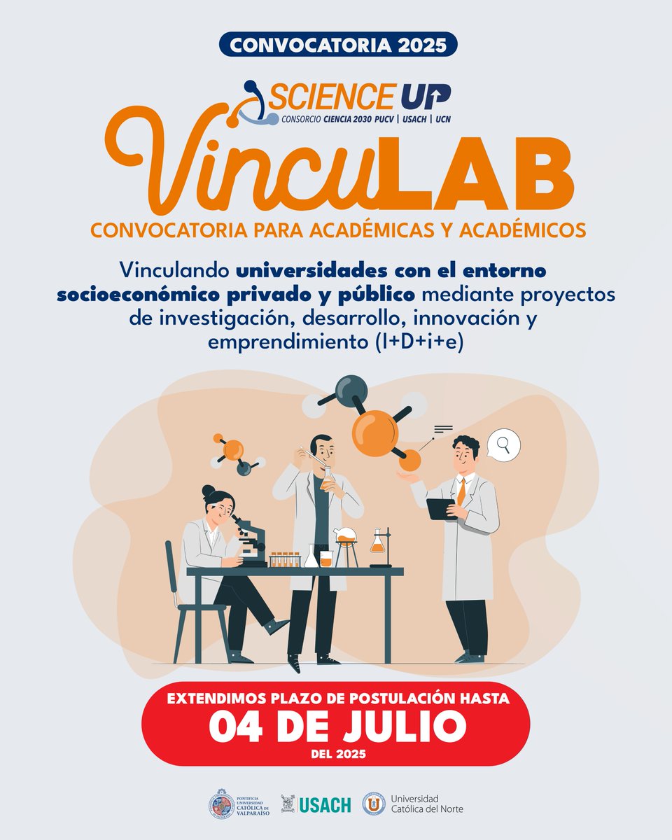 ¡Hasta el 4 de julio se extiende el plazo de postulación del Programa #VincuLAB 2025!
📲Revisa las bases y formulario en el siguiente enlace: lnkd.in/ddQ_nMK6
#scienceup