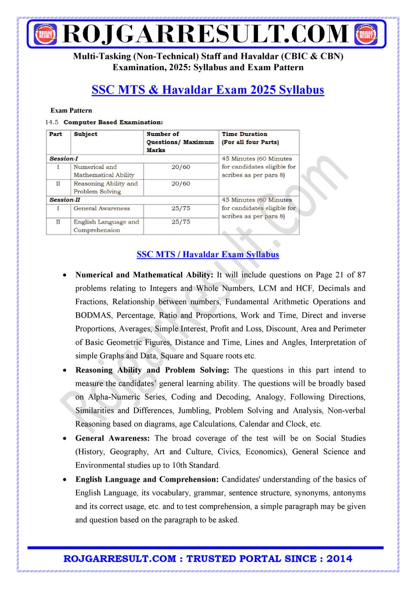 rojgarresult's tweet image. SSC MTS &amp;amp; Havaldar Exam Syllabus 2025
#RojgarResult #SSC #Syllabus #SSCMTSSyllabus2025