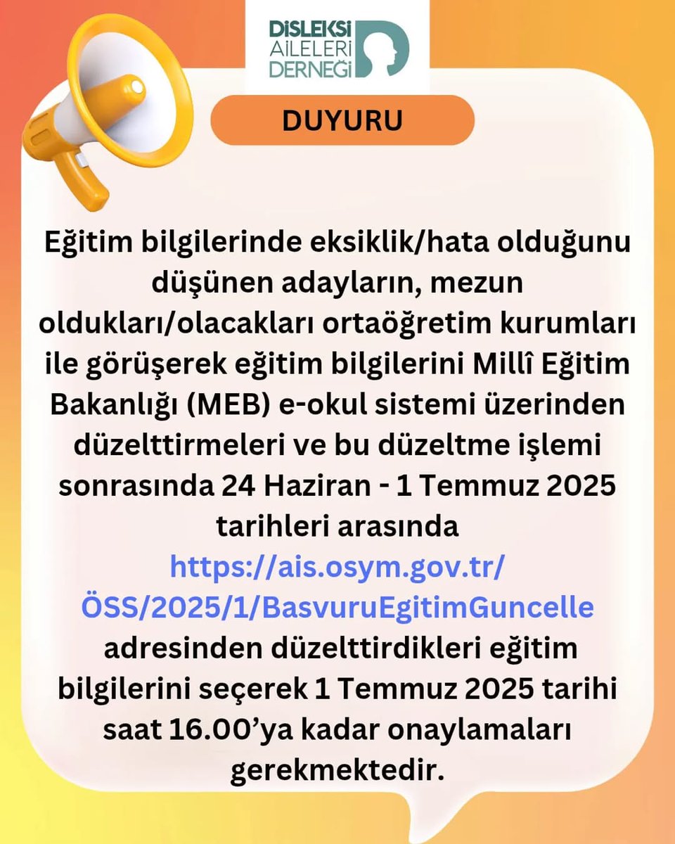 2025-YKS: Sistemdeki Eğitim Bilgilerinin Adaylar
Tarafından Kontrolü ve Eğitim Bilgisi Seçme İşlemi
#2025YKS #duyuru #DisleksiAileleriDerneği