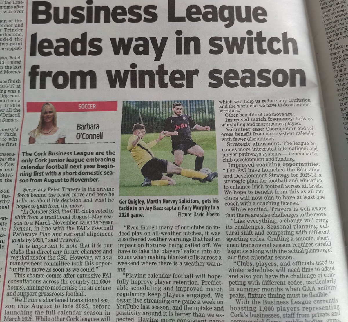 CorkBusinessLge's tweet image. The CBL are the only Cork junior league embracing calendar football next year beginning first with a short domestic season from August coming to November, writes @BarbaraOConne12 for @echolivecork
Full Article here:
echolive.ie/corksport/arid…