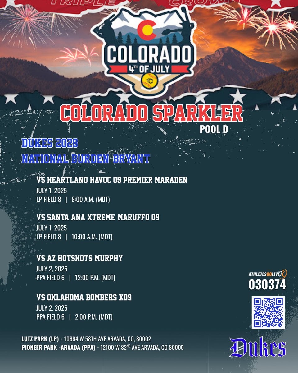 SMarshall2029's tweet image. Coaches I&apos;ll be heading to Colorado this weekend to play in the @triplecrownspts Colorado Sparkler tournament.  Here&apos;s my pool play schedule. I also will be playing in the Colorado Showcase game on June 30th at noon for Team19 on Christopher 2 representing @LadyDukes28Nat…