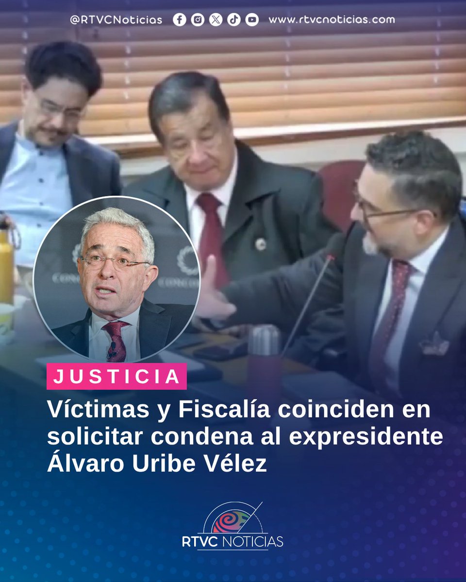 ⚖️#JuicioUribeXRTVC | En el día 60 del juicio contra el expresidente Álvaro Uribe Vélez. Avanza los alegatos de conclusión, tanto la fiscalía como los representantes de las víctimas, coinciden en solicitar la condena al exmandatario.

🔴Para la ampliación de esta noticia