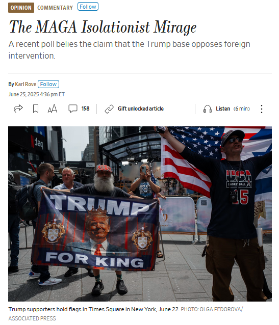 ReaganInstitute's tweet image. In his new @WSJopinion piece out today, @KarlRove writes of the 'MAGA Isolationist Mirage' and highlights the findings from our latest Reagan Institute Summer Survey."
The survey shows neither Republicans nor Americans in general are neo-isolationists. In launching Operation…