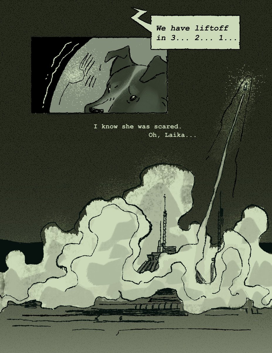 some pages from the comic i made about laika and her departure from earth last semester 🚀