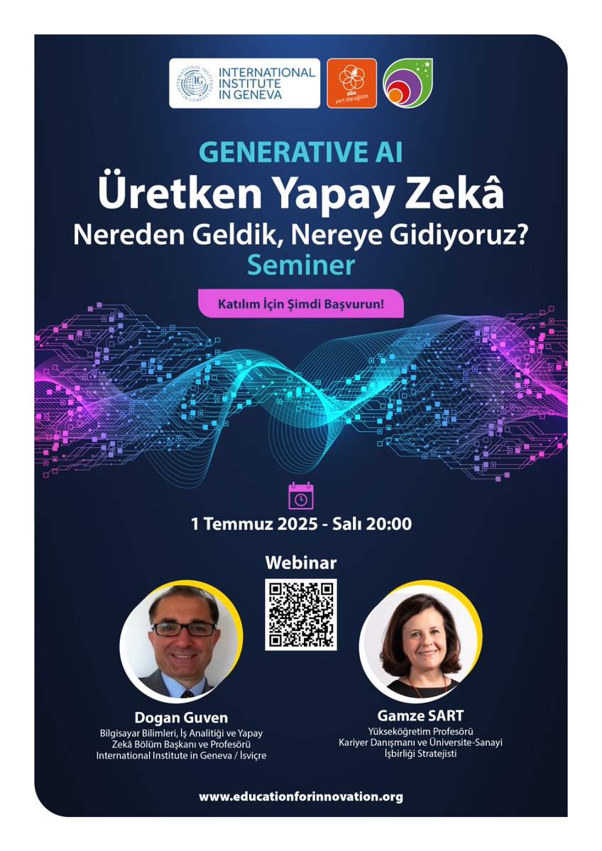 AbaEgitim's tweet image. 🌐Ücretsiz Online Webinar
Programda Neler Var?
– Üretici Yapay Zeka’nın kısa tarihi
– Mevcut durumda neler mümkün?
– Eğitim ve iş dünyasına etkileri
– Yakın gelecek senaryoları
– Katılımcı sorularına canlı cevaplar

🔗 Kayıt linki: zoom.us/j/94639412237?…

@GamzeSart @e4i_vakfi