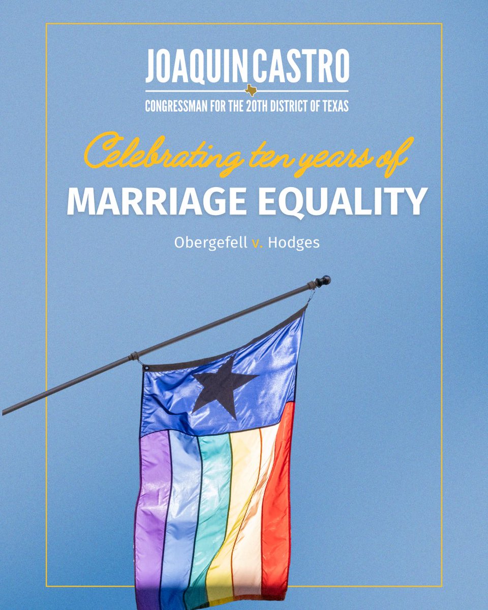 Today we celebrate the 10th anniversary of Obergefell v. Hodges. Without this landmark decision, marriage equality would not be the law of the land in Texas. I’ll keep defending Texans’ freedom to love who they want to love.
