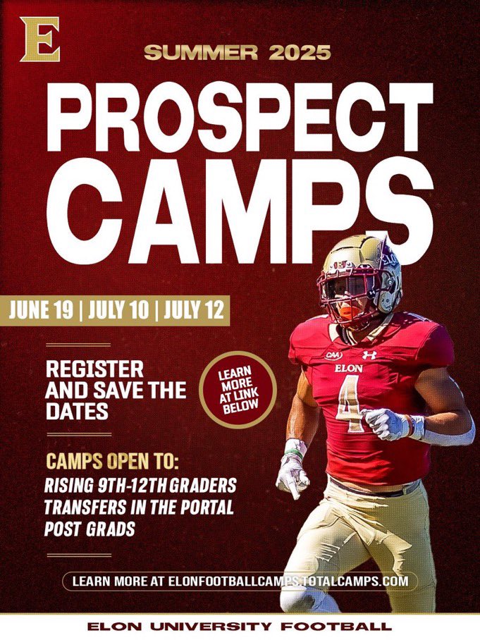 Happy to say that I am attending Elon prospect camp on July 12th looking to show out in showing the coaches what I got. <a href="/BaranikDan/">Dan Baranik</a> <a href="/TonyTrisciani/">Tony Trisciani</a> <a href="/ElonFootball/">Elon Football</a>  <a href="/AkeemDent/">DENT</a> <a href="/PorterRidgeFB/">Porter Ridge Football</a>  <a href="/BackRoadRecruit/">BackRoadRecruiting_</a>  <a href="/pepman704/">Matt Morrow</a>