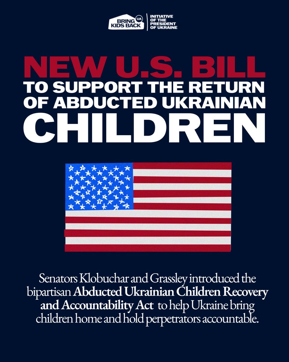 Bring Kids Back UA (@bringkidsbackua) on Twitter photo On June 25, U.S. Senators <a href="/ChuckGrassley/">Chuck Grassley</a> and <a href="/amyklobuchar/">Amy Klobuchar</a> introduced a bipartisan bill — the Abducted Ukrainian Children Recovery and Accountability Act.
The bill outlines ways the U.S. could support Ukraine’s work to identify deported children, bring them home, and pursue On June 25, U.S. Senators <a href="/ChuckGrassley/">Chuck Grassley</a> and <a href="/amyklobuchar/">Amy Klobuchar</a> introduced a bipartisan bill — the Abducted Ukrainian Children Recovery and Accountability Act.
The bill outlines ways the U.S. could support Ukraine’s work to identify deported children, bring them home, and pursue