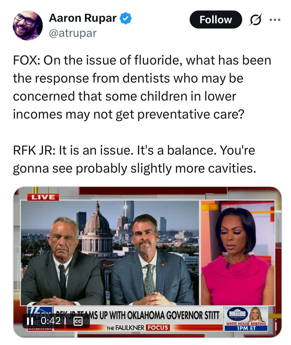 mattindctweets's tweet photo. RFK Jr. admitted today that tooth decay will “probably” rise without water fluoridation.

And he said the evidence about fluoride’s safety is “very clear.” He’s referring to a cluster of 74 studies — and 70% of them have a high risk of bias. RFK Jr. has no respect for #science. https://t.co/Vu1pCrH8B2