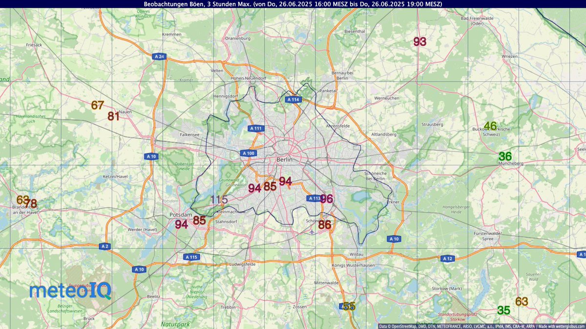 Das #Unwetter in #Berlin ist durch. Böen bis 115 km/h in #Wannsee (allerdings sehr exponierte Station), auch andere Stationen nah an 100 km/h. Starkregen vor allem Richtung Nordwesten, im Südosten blieb es  regenfrei. 

Messwerte: <a href="/DWD_presse/">DWD</a> <a href="/DTNWeather/">DTN Weather</a>