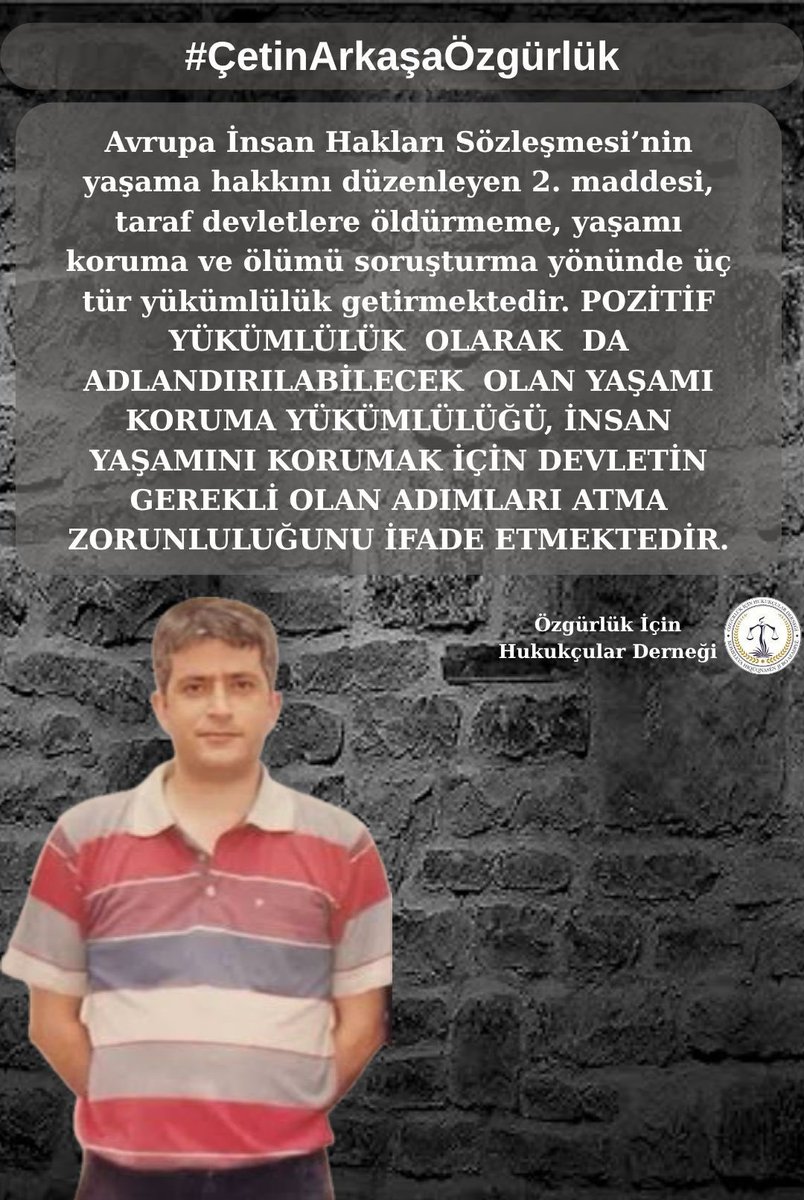 ohdankara's tweet photo. Çetin Arkaş, 30 yıllık infaz süresi tamamlamasına rağmen, İdare ve Gözlem Kurulu’nun hukuki dayanaktan yoksun keyfi kararlarıyla 3,5 yıldır özgürlüğünden mahrum bırakılmaktadır. 

Sağlık ve özgürlük hakkı gözetilerek, birçok hastalığı bulunan #ÇetinArkaşaÖzgürlük talep ediyoruz. https://t.co/FjBTX9Sq7h
