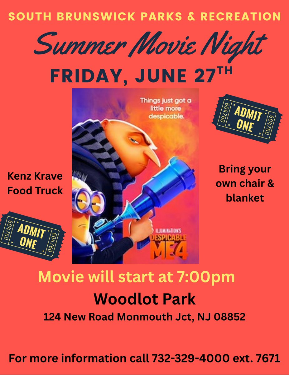 SoBrunswickTwp's tweet image. ๐ฌ Summer Movie Night at Woodlot Park!
๐
Fri, June 27
โฐ Event Starts at 6PM | Movie Starts at 7PM
๐ฅ Despicable Me 4
๐ Kenz Krave Food Truck
๐ช BYO chair & blanket
๐ 124 New Rd, Monmouth Jct
๐ 732-329-4000 x7671
#SouthBrunswick #MovieNight #DespicableMe4