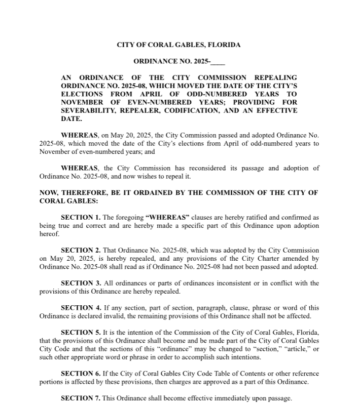 FL's challenge to Miami's elex delay effort may reverberate in Coral Gables. <a href="/CommissMelissa/">Melissa Castro</a> is seeking a similar opinion from <a href="/AGJamesUthmeier/">Attorney General James Uthmeier</a> on the city's May vote to move its election to November and cut officials' terms by 5 months. She also filed an ordinance on the matter.