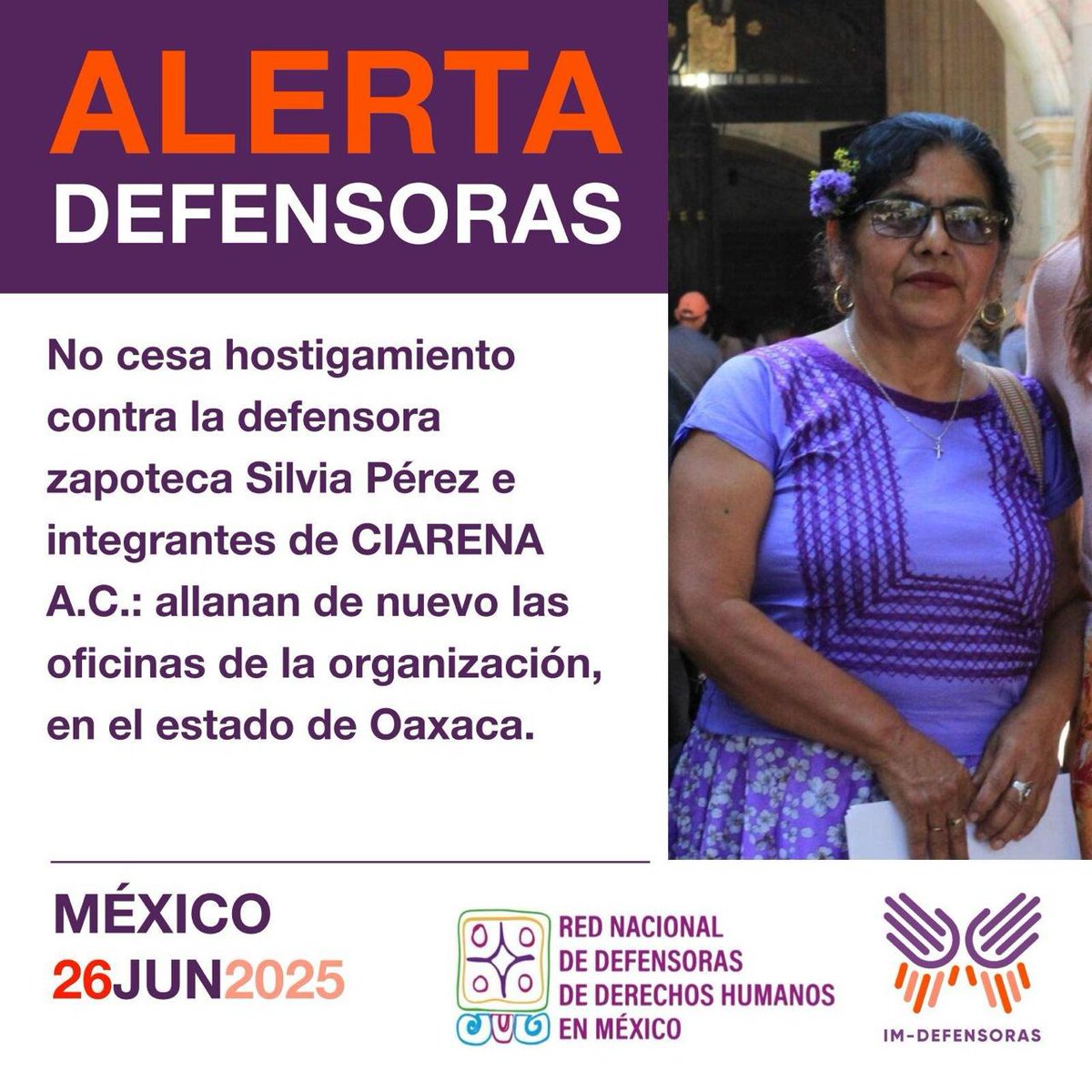 ๐ฅ๐ฒ๐ฑ ๐๐ฒ๐ณ๐ฒ๐ป๐๐ผ๐ฟ๐ฎ๐ ๐ รฉ๐
๐ถ๐ฐ๐ผ (@reddefensorasmx) on Twitter photo ๐ฃ๐จ#AlertaDefensoras No cesa hostigamiento contra la defensora zapoteca Silvia Pรฉrez e integrantes de <a href="/CiarenaOax/">Ciarena A.C.</a>: allanan de nuevo las oficinas de la organizaciรณn, en el estado de Oaxaca.
๐Mรกs informaciรณnโก๏ธbit.ly/3ZLQENe ๐ฃ๐จ#AlertaDefensoras No cesa hostigamiento contra la defensora zapoteca Silvia Pรฉrez e integrantes de <a href="/CiarenaOax/">Ciarena A.C.</a>: allanan de nuevo las oficinas de la organizaciรณn, en el estado de Oaxaca.
๐Mรกs informaciรณnโก๏ธbit.ly/3ZLQENe