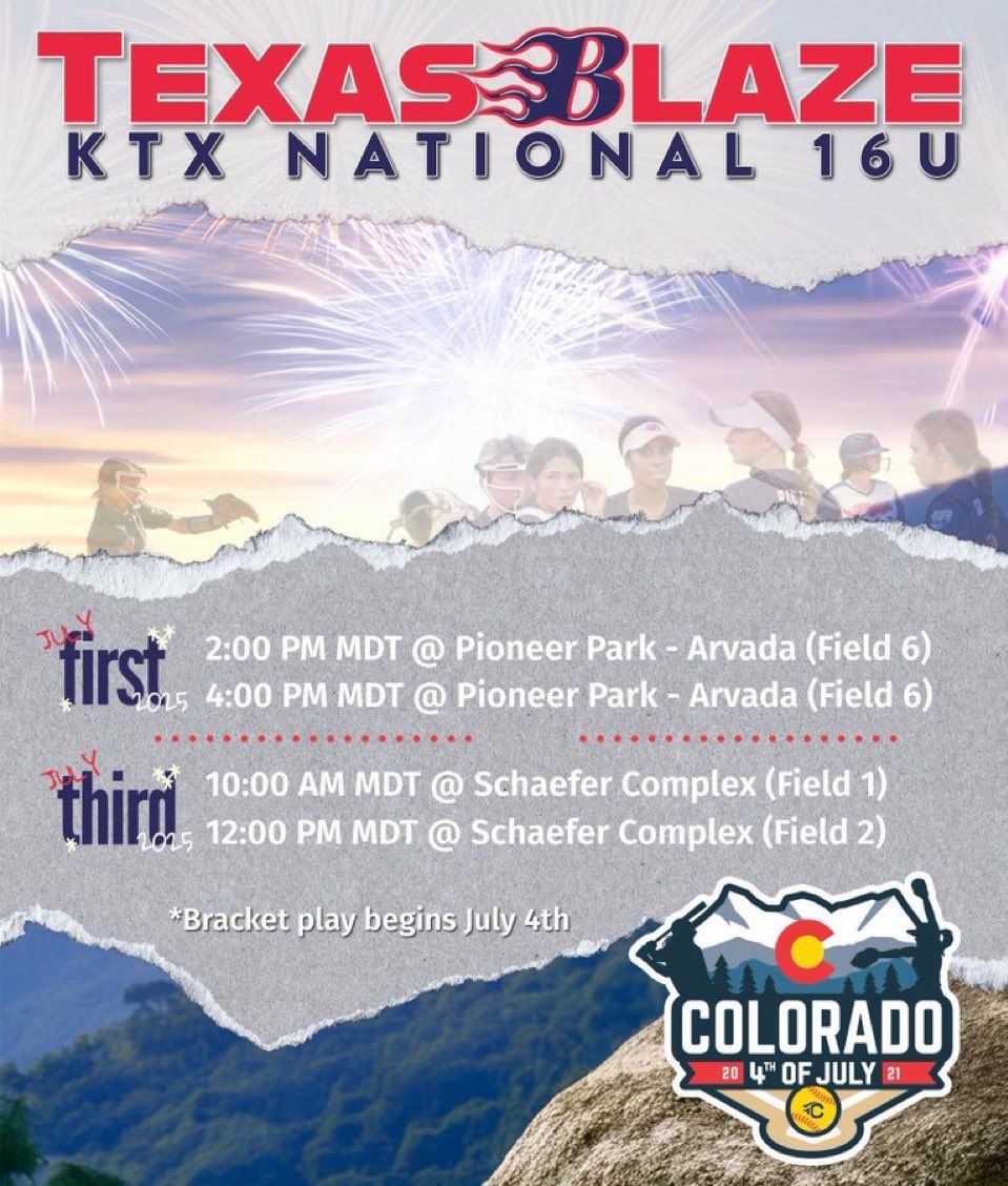 Can’t wait to get back out on the field in Colorado! Here’s our schedule! <a href="/Blaze_Nat_16/">TX Blaze KTX National 16U</a> 
<a href="/Faithannpiper6/">faith piper</a> <a href="/s_lex23/">Coach Lex</a> <a href="/hunter_bunch10/">Hunter Bunch</a> <a href="/CoachBradF/">Brad Fuller</a> <a href="/BUMoore/">Glenn Moore</a> <a href="/CoachNat_HCU/">Natali Duron</a> <a href="/Coach_JimBray/">Jim Bray</a> <a href="/Coach_Cump/">Mark Cumpian</a> <a href="/ScottWoodard8/">Scott Woodard</a> <a href="/CoachBerry33/">Chris Berry</a>