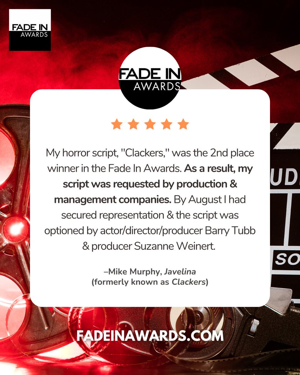 There's a reason "Our winners work" is our motto.

This script grabbed the attention of production &amp; mgmt co’s. The writer secured representation &amp; landed an option deal w/a producer &amp; actor-director.

We bring real access, real results.
FadeInAwards.com
#screenwriting