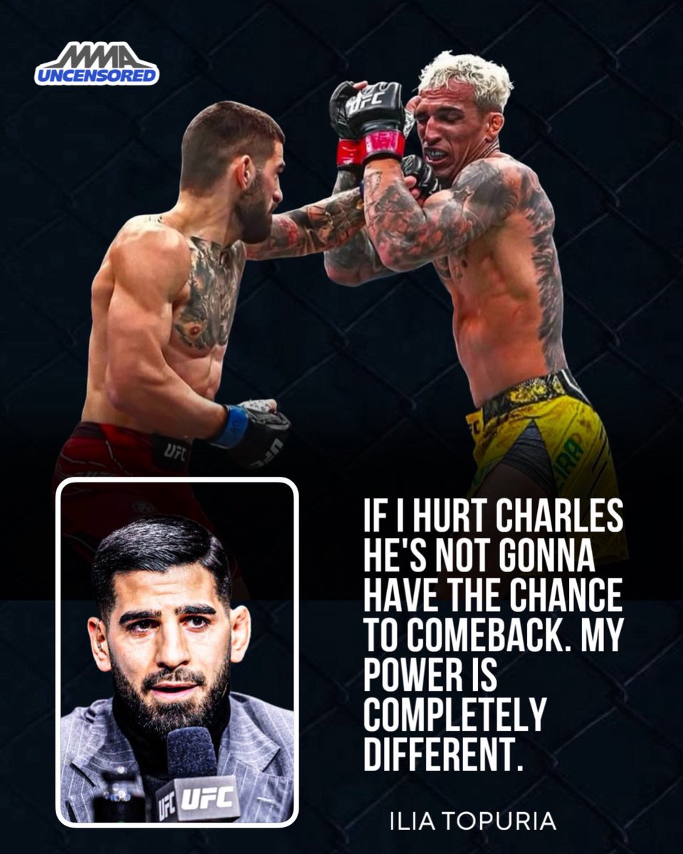 MMAUNCENSORED1's tweet photo. Ilia Topuria is asked about other lightweight fighters who hurt Charles Oliveira but weren't able to finish him:

"If I hurt [Charles], he's not gonna have the chance to come back. My power is completely different than the other guys." 😳 #UFC317 https://t.co/l94tvhwBRo